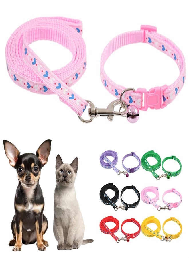 TELEYI Small Dog Collar and Leash Set with Bell,Pink Love Nylon Cat Collar Girl Female Cute Fancy Puppy Collar with Bells for XXS XS Little Kitten Boys Pet Dogs,Neck 7-12 Inch - Image 1